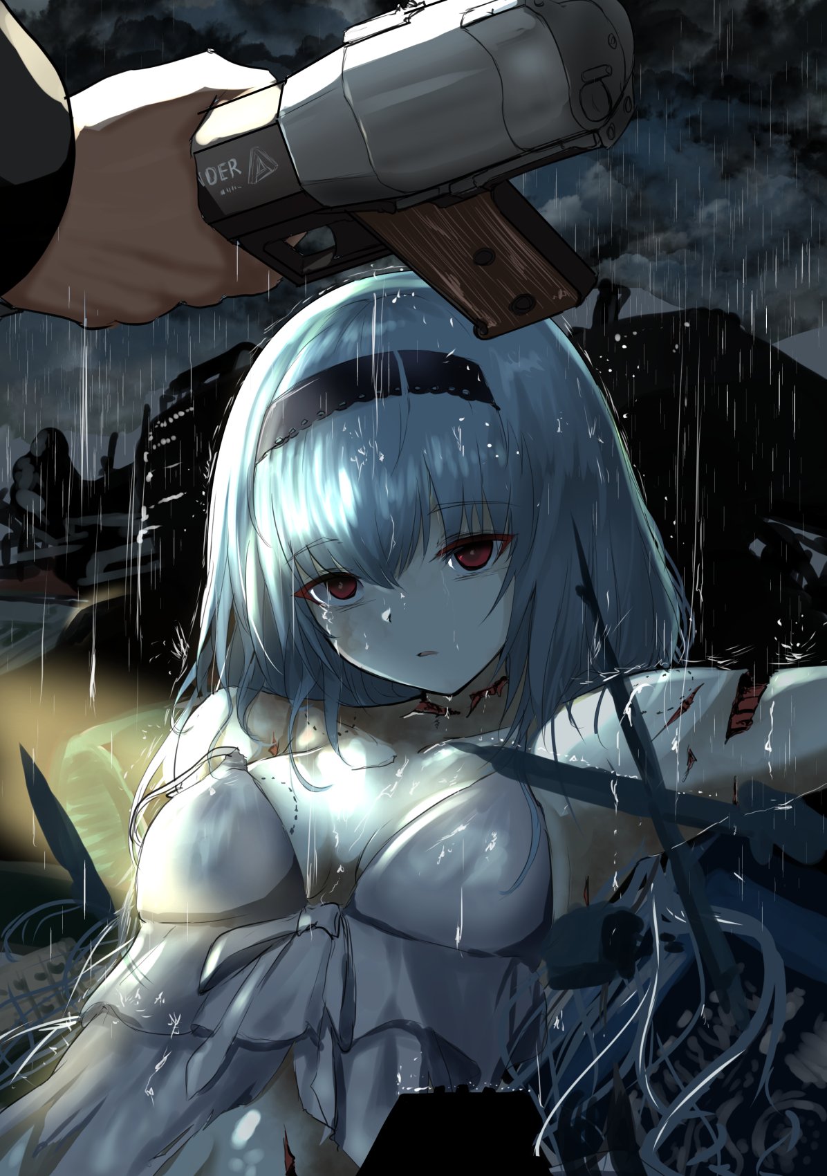 1boy 1girl babydoll bangs bite_mark black_hairband breasts collarbone commentary_request eyebrows_visible_through_hair girls_frontline gun hairband handgun highres holding holding_weapon long_hair medium_breasts neck_scar pink_eyes rain scar silver_hair solo_focus take_(trude1945oneetyan) thunder_(girls_frontline) triple_action_thunder weapon wet