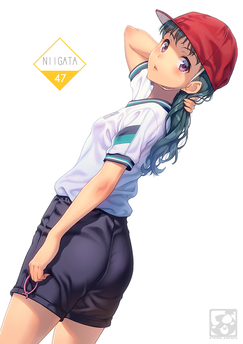 1girl aqua_hair arm_at_side arm_up artist_logo artist_name ass bangs black_shorts breasts commentary_request dutch_angle eyebrows_visible_through_hair from_side gym_shirt gym_shorts gym_uniform hair_tie highres long_hair looking_at_viewer looking_to_the_side original pairan parted_lips red_headwear shirt short_sleeves shorts small_breasts smile solo violet_eyes white_shirt