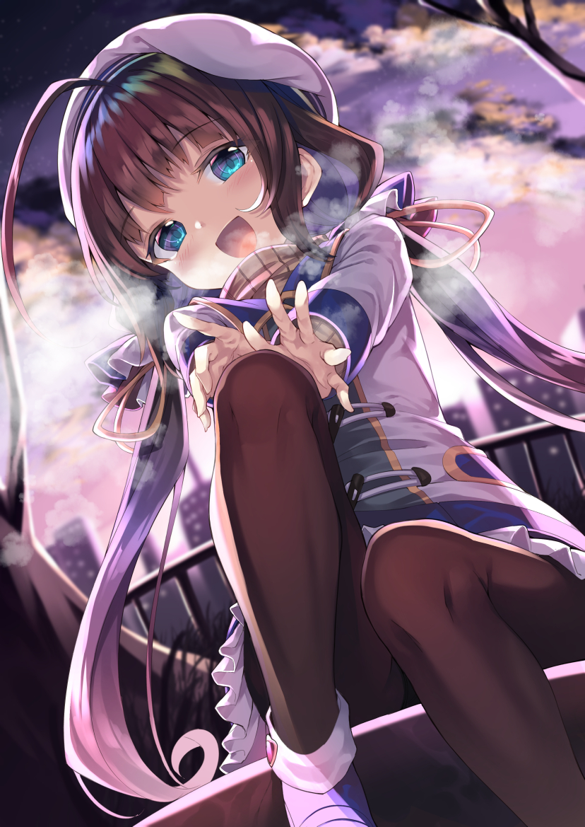 1girl :d ahoge beret blue_eyes blue_footwear blush breath brown_hair brown_legwear commentary_request dutch_angle gurasion_(gurasion) hat hinatsuru_ai jacket knee_up long_hair long_sleeves looking_at_viewer low_twintails open_mouth outdoors outstretched_arms pantyhose railing ryuuou_no_oshigoto! shoes sitting smile solo sunset tree tree_branch twintails very_long_hair white_headwear white_jacket
