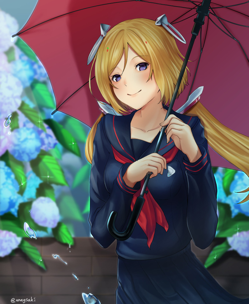 1girl aki_rosenthal alternate_costume aona_(kuuga19yuu) bangs blonde_hair closed_mouth detached_hair eyebrows_visible_through_hair hair_ornament hololive leaf long_hair long_sleeves looking_at_viewer parted_bangs school_uniform signature smile solo umbrella violet_eyes virtual_youtuber water_drop