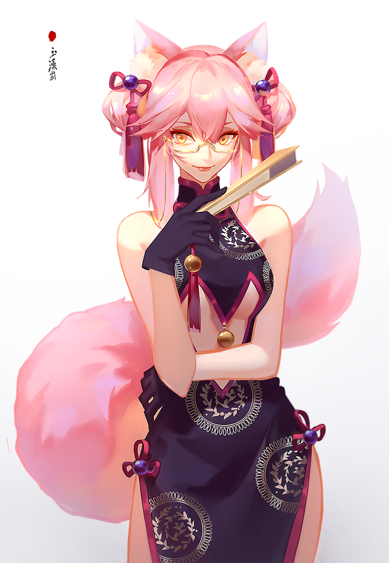 1girl animal_ear_fluff animal_ears bangs bare_shoulders bell black_dress black_gloves blush breasts center_opening china_dress chinese_clothes closed_mouth dress fan fate/grand_order fate_(series) folding_fan fox_ears fox_girl fox_tail gloves gradient gradient_background hair_between_eyes jingle_bell koyanskaya large_breasts long_hair looking_at_viewer pink_hair side_slit sidelocks smile solo tail tassel user_jvst3237 white-framed_eyewear white_background yellow_eyes