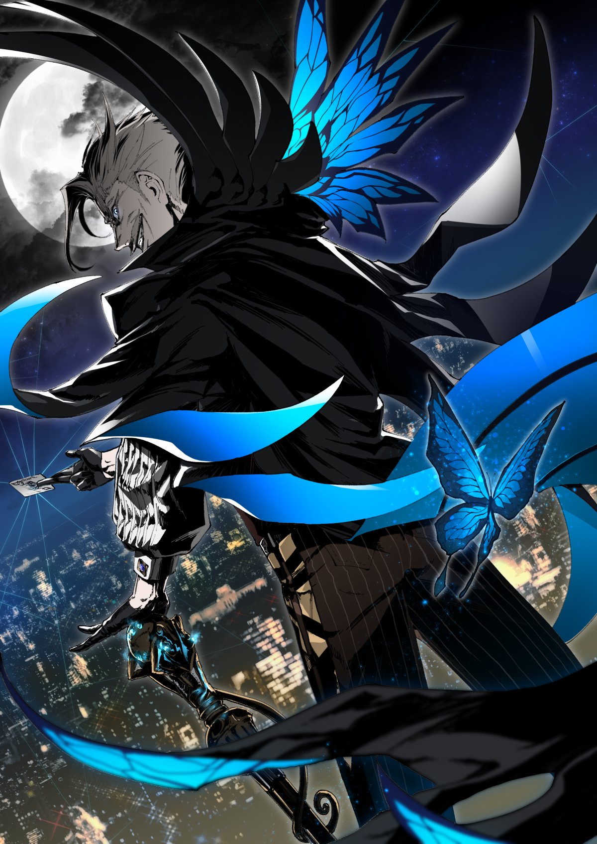 1boy black_gloves blue_butterfly bug butterfly cane cape card cityscape facial_hair fate/grand_order fate_(series) from_behind full_moon gloves grin highres insect james_moriarty_(fate/grand_order) joker male_focus moon mustache night playing_card smile suzuki_rui
