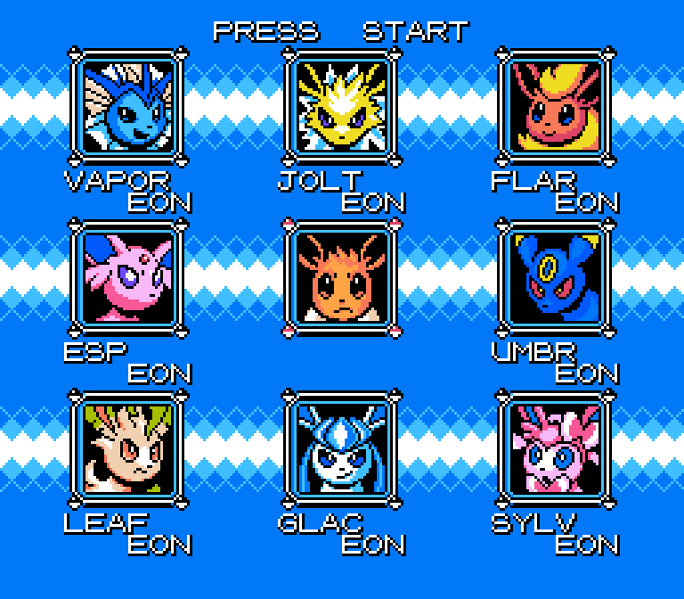 :o alternate_color_school_swimsuit blue_background blue_eyes brown_eyes character_name creature eevee english_text espeon face flareon frown gen_1_pokemon gen_2_pokemon gen_4_pokemon gen_6_pokemon glaceon jolteon leafeon looking_at_viewer no_humans pixel_art pokemon pokemon_(creature) racieb red_eyes ribbon rockman school_swimsuit smirk swimsuit sylveon umbreon violet_eyes