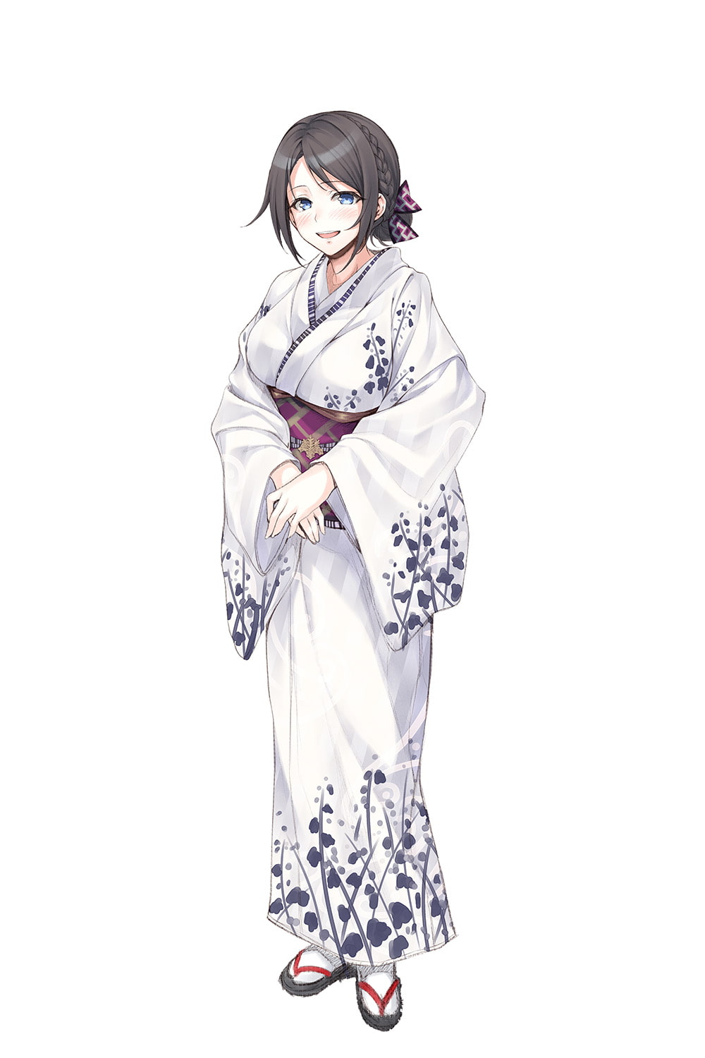 1girl :d blue_eyes bow braid brown_hair full_body hair_bow hasumi_(hasubatake39) highres japanese_clothes kimono open_mouth original plaid plaid_bow sandals short_hair simple_background smile solo standing white_background white_kimono white_legwear wide_sleeves