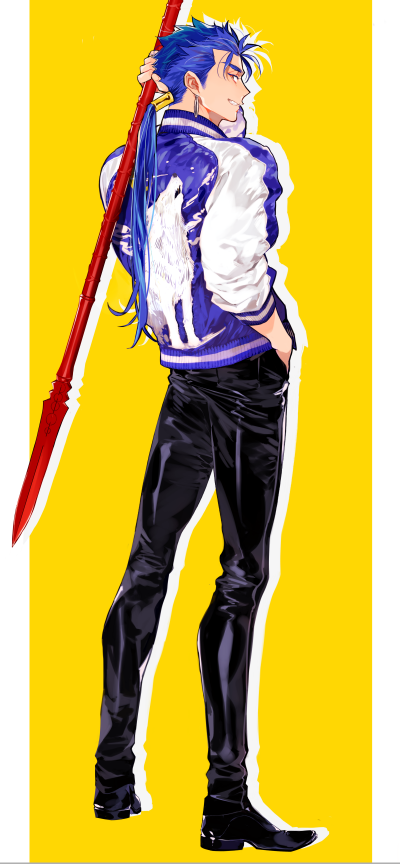 1boy alternate_costume animal_print black_footwear black_pants blue_hair casual contemporary cu_chulainn_(fate)_(all) earrings fate/stay_night fate_(series) full_body gae_bolg grin hand_in_pocket holding holding_spear holding_weapon jacket jewelry lancer left-handed long_hair looking_at_viewer male_focus pants polearm ponytail print_jacket profile shoes simple_background smile solo spear standing tatsuta_age weapon yellow_background