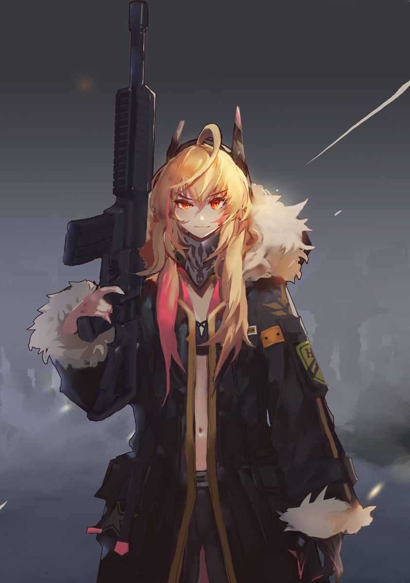 1girl ahoge assault_rifle blonde_hair flat_chest fur_collar fur_trim girls_frontline gorget gun highres hiroshi_(hiroshixhiss) holding holding_gun holding_weapon huge_ahoge long_coat long_hair looking_at_viewer m4_carbine m4_sopmod_ii m4_sopmod_ii_(girls_frontline) mechanical_arm multicolored_hair navel orange_eyes pink_hair raised_eyebrow rifle smirk solo streaked_hair weapon