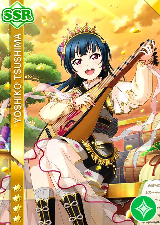 blue_hair blush character_name dress long_hair love_live!_school_idol_festival love_live!_sunshine!! lute_(instrument) pink_eyes smile tsushima_yoshiko