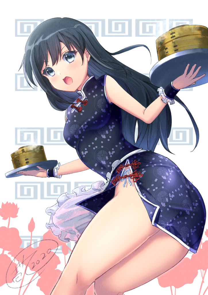 1girl alternate_costume asashio_(kantai_collection) ass bamboo_steamer black_dress black_hair blue_eyes china_dress chinese_clothes commentary_request cowboy_shot dress from_behind ittokyu kantai_collection leaning_forward long_hair looking_at_viewer looking_back open_mouth solo tray