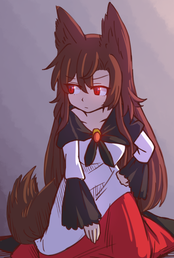 1girl animal_ears bangs breasts brown_hair collarbone commentary dress eyebrows_visible_through_hair grey_background hair_between_eyes hand_on_hip imaizumi_kagerou kneeling long_hair long_sleeves looking_to_the_side medium_breasts red_eyes solo tail touhou very_long_hair white_dress wolf_ears wolf_tail wool_(miwol)