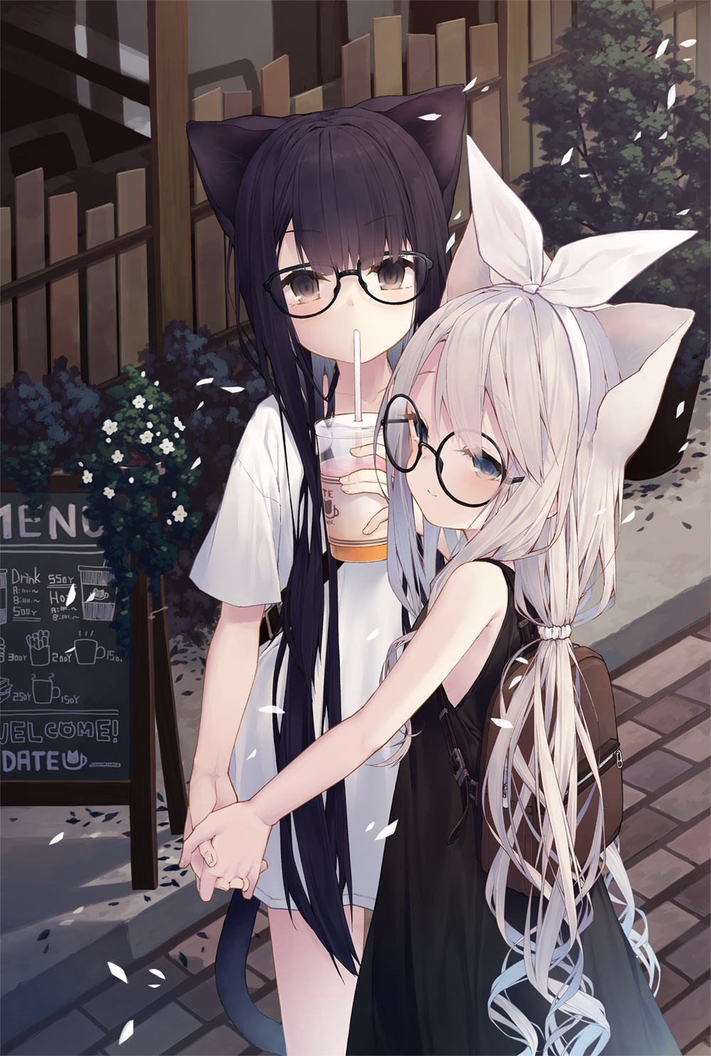 2girls animal_ears backpack bag bare_arms bare_shoulders black-framed_eyewear black_dress black_hair blue_eyes blush brown_eyes cat_ears cat_girl cat_tail closed_mouth commentary_request cup day dress drinking drinking_straw english_text fence glasses hair_ribbon highres holding holding_cup long_hair looking_at_viewer low_twintails menu_board multiple_girls original outdoors ribbon round_eyewear shirt short_sleeves silver_hair sleeveless sleeveless_dress smile standing tail tokuno_yuika twintails very_long_hair white_ribbon white_shirt