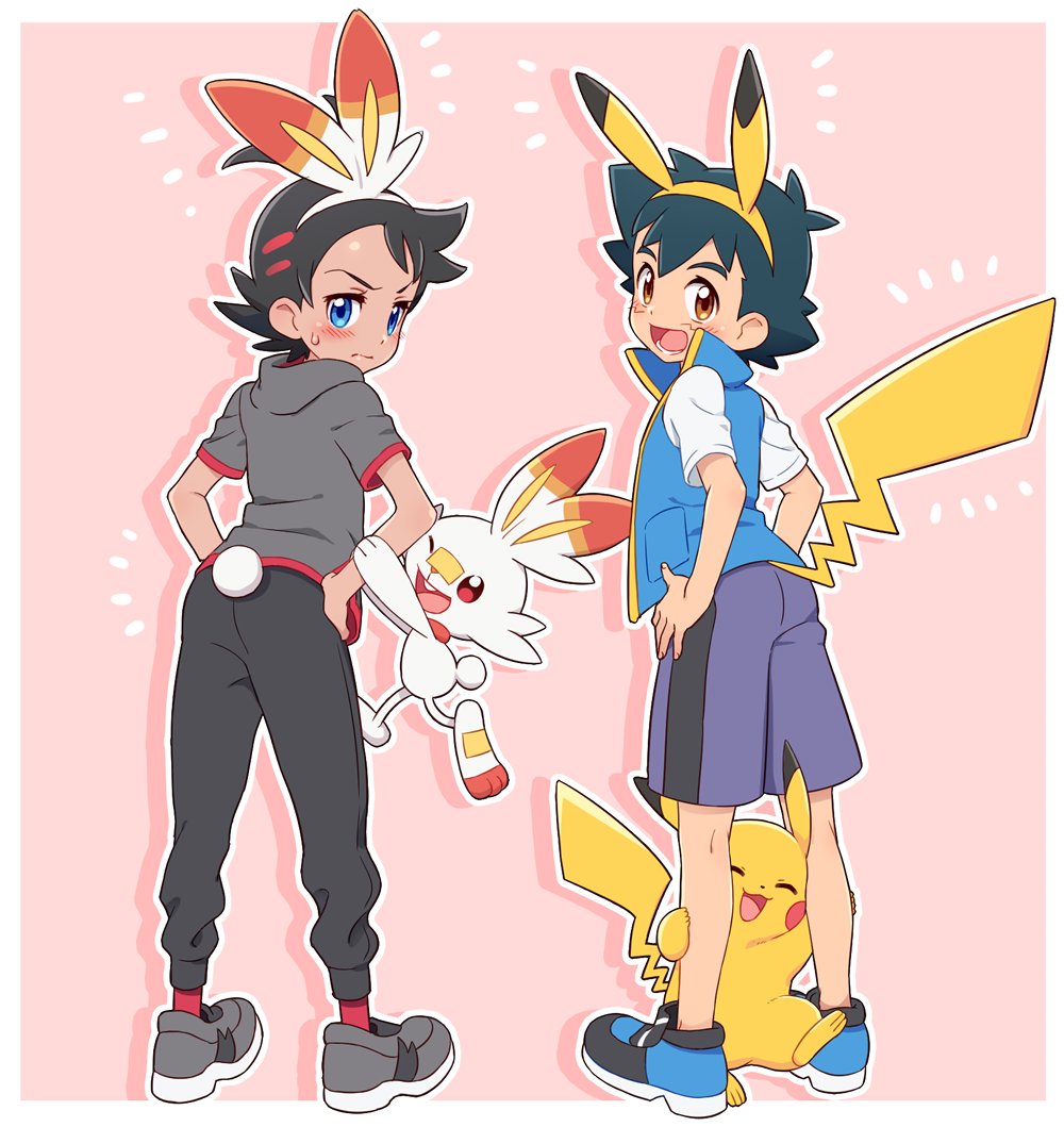 2boys animal_ears black_hair black_pants blue_footwear blue_shorts blue_vest blush bunny_tail commentary dark_skin dark_skinned_male embarrassed emphasis_lines from_behind full_body gen_1_pokemon gen_8_pokemon gou_(pokemon) grey_footwear grey_shirt holding_another's_arm leg_hug looking_at_viewer lower_teeth multiple_boys okaohito1 open_mouth pants pikachu pikachu_ears pikachu_tail pink_background pokemon pokemon_(anime) pokemon_(creature) pokemon_ears pokemon_swsh_(anime) rabbit_ears satoshi_(pokemon) scorpion_tail shirt shoes shorts simple_background sneakers spiky_hair sweat tail vest white_shirt