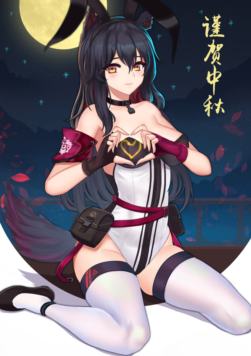 1girl alternate_costume animal_ears arknights armband bangs bare_arms bare_shoulders belt black_choker black_footwear black_gloves black_hair black_hairband blush breasts brown_eyes bunnysuit chinese_commentary choker commentary_request fake_animal_ears fingerless_gloves full_moon gloves groin hair_between_eyes hairband heart heart_hands leotard lieyan_huangzi long_hair looking_at_viewer medium_breasts mismatched_gloves moon night night_sky outdoors petals pouch purple_belt purple_gloves rabbit_ears shoes sidelocks sitting sky smile solo star_(sky) starry_sky strapless strapless_leotard tail texas_(arknights) thigh-highs thighs translation_request wariza white_legwear wolf_ears wolf_tail