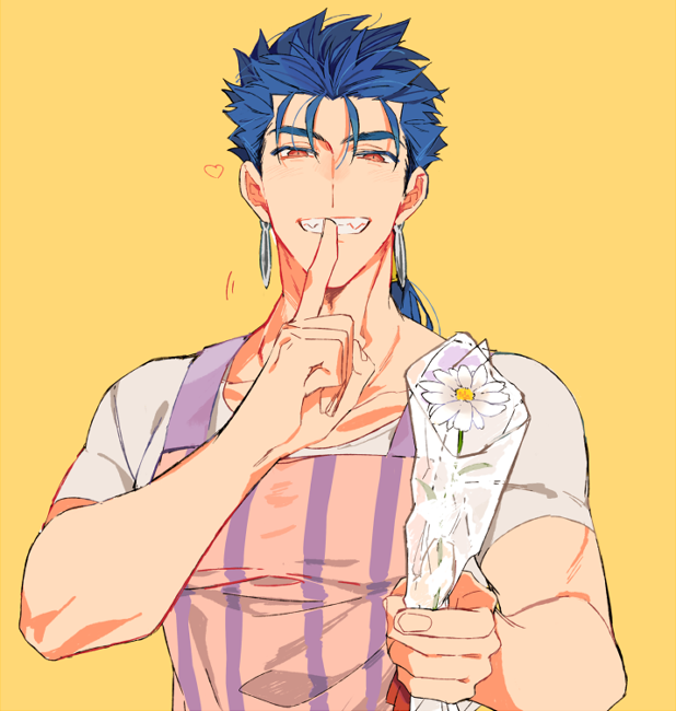 1boy apron blue_hair cu_chulainn_(fate)_(all) daisy earrings emiya-san_chi_no_kyou_no_gohan fangs fate/hollow_ataraxia fate/stay_night fate_(series) finger_to_mouth flower heart holding holding_flower jewelry lancer long_hair looking_at_viewer male_focus ponytail red_eyes solo spoken_heart striped_apron tatsuta_age