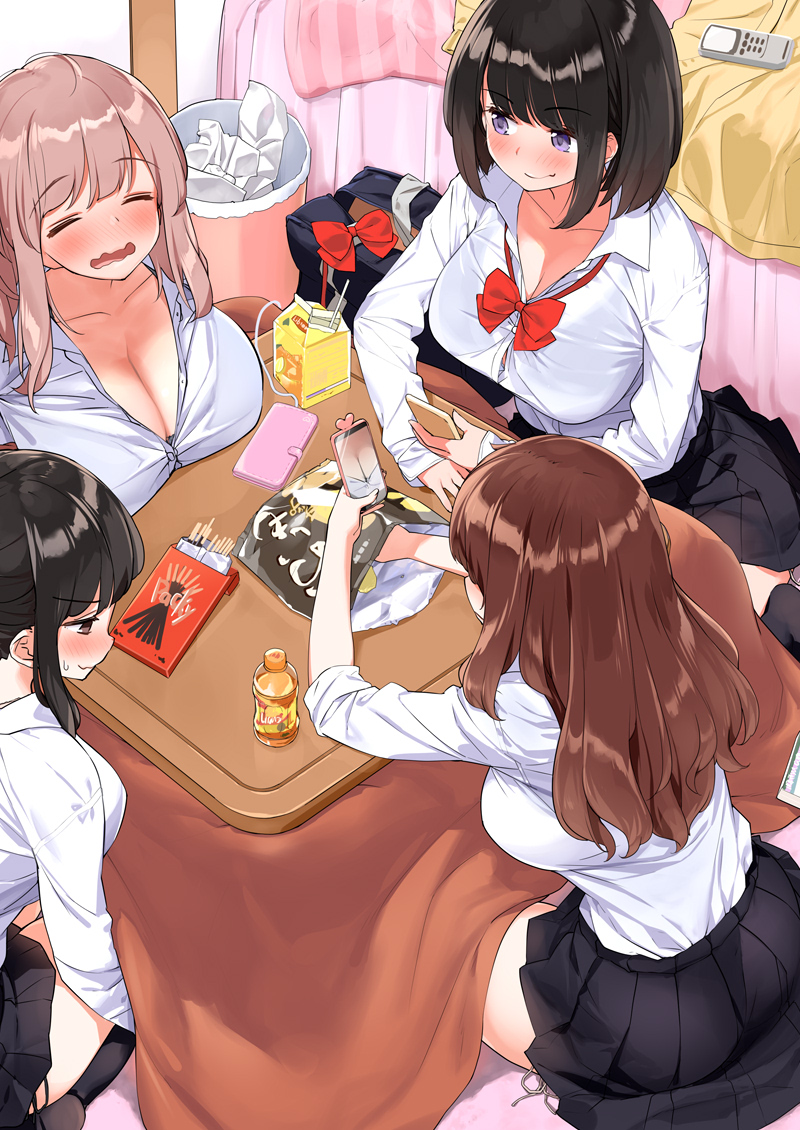 4girls bangs bed black_skirt blue_eyes blush bow breasts brown_hair chips closed_eyes collarbone commentary_request eyebrows_visible_through_hair food holding indoors kaisen_chuui large_breasts long_hair multiple_girls original panties paper phone red_bow school_uniform shirt short_hair side-tie_panties sitting skirt underwear white_shirt