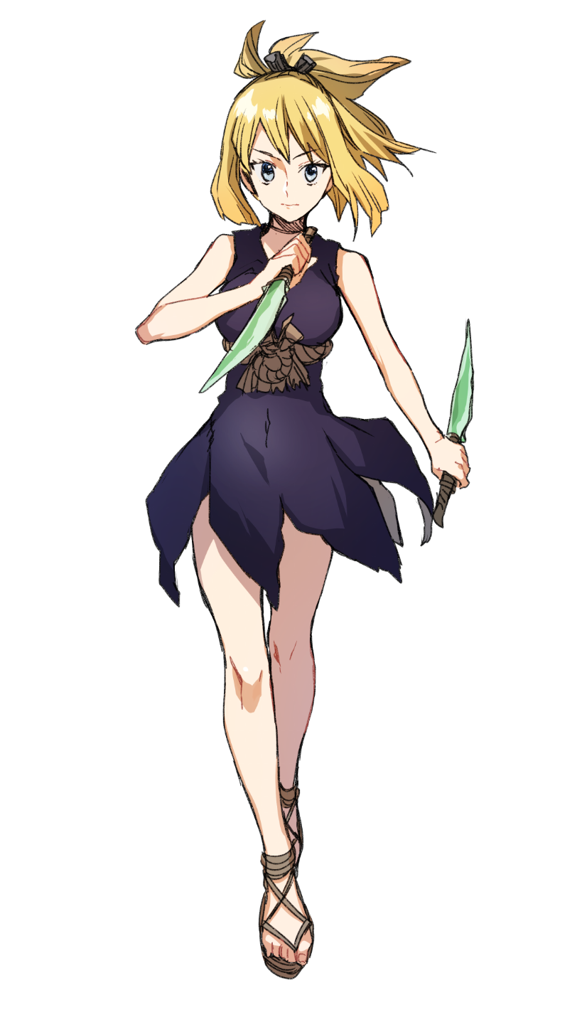 1girl asahimachi bangs black_dress blonde_hair closed_mouth dagger dr._stone dress dual_wielding floating_hair full_body green_eyes highres holding holding_dagger holding_weapon kohaku_(dr._stone) long_hair looking_at_viewer shiny shiny_hair short_dress simple_background sketch sleeveless sleeveless_dress solo standing tied_hair weapon white_background