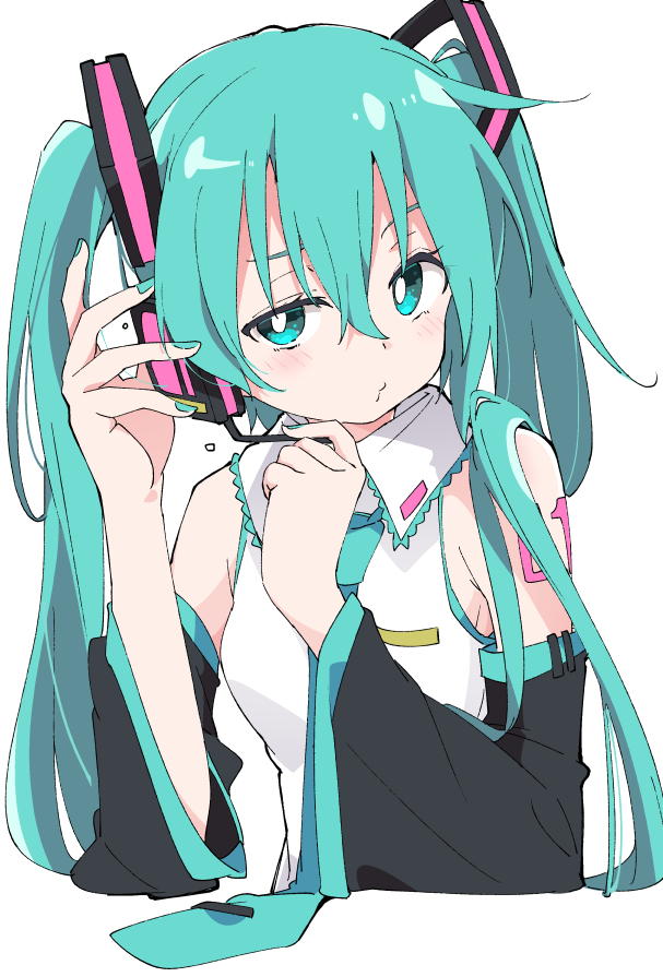 1girl aqua_eyes aqua_hair aqua_nails aqua_neckwear beads detached_sleeves hair_beads hair_ornament hatsune_miku headset ixy long_hair nail_polish necktie simple_background solo twintails upper_body vocaloid white_background