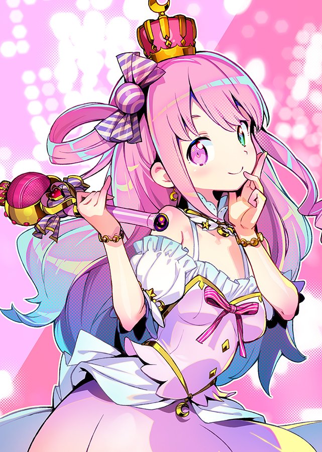 1girl bangs blush bow candy_hair_ornament crown dress earrings food_themed_hair_ornament gradient_hair green_eyes hair_ornament hair_rings heterochromia himemori_luna hololive jewelry long_hair looking_at_viewer mini_crown multicolored_hair one_side_up pink_eyes pink_hair princess ribbon shunin sidelocks smile solo virtual_youtuber wavy_hair