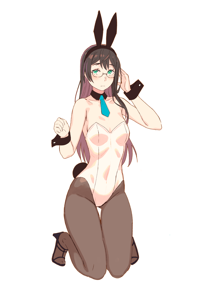 1girl alternate_costume animal_ears arm_up ass_visible_through_thighs bangs bare_shoulders black_footwear blue_eyes blue_neckwear breasts brown_hair brown_legwear bunny_tail bunnysuit closed_mouth collarbone covered_navel detached_collar fake_animal_ears fake_tail frown full_body glasses green_eyes hand_in_hair high_heels highres kantai_collection kneeling leotard long_hair looking_at_viewer multicolored_hair necktie ooyodo_(kantai_collection) pantyhose pink_hair rabbit_ears rimless_eyewear simple_background small_breasts solo strapless strapless_leotard tail thigh_gap two-tone_hair white_background white_leotard wrist_cuffs yuuji_(and)