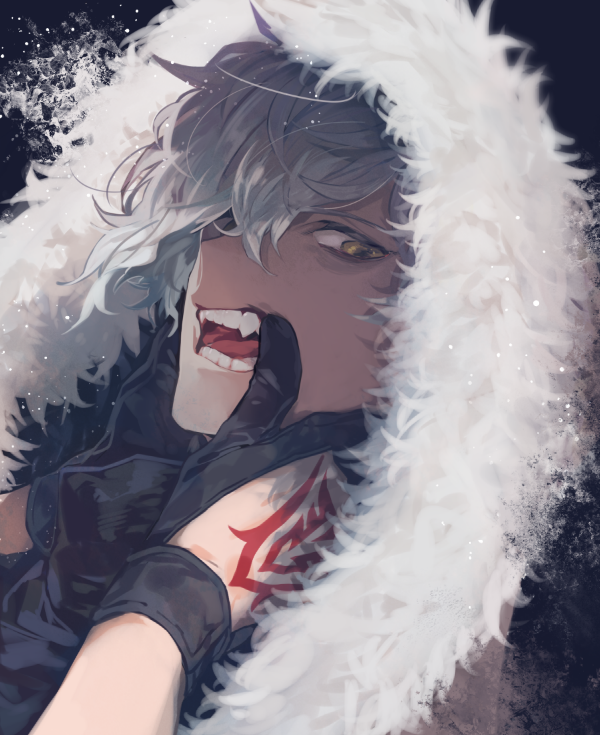 1boy close-up command_spell fangs fangs_out finger_to_cheek fingerless_gloves fur_trim gloves hood hood_up kadoc_zemlupus male_focus silver_hair solo tatsuta_age white_hair yellow_eyes