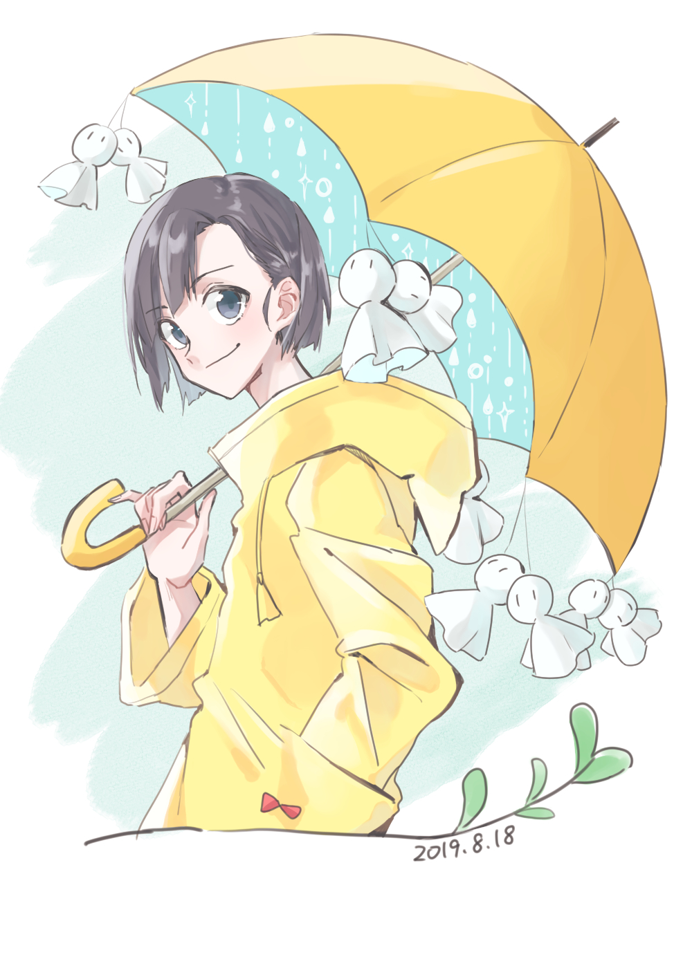 1boy amano_nagi bangs black_hair blue_eyes dated hand_in_pocket highres hood hood_down miyako1135u parted_bangs raincoat smirk solo standing tenki_no_ko teruterubouzu umbrella white_background yellow_umbrella