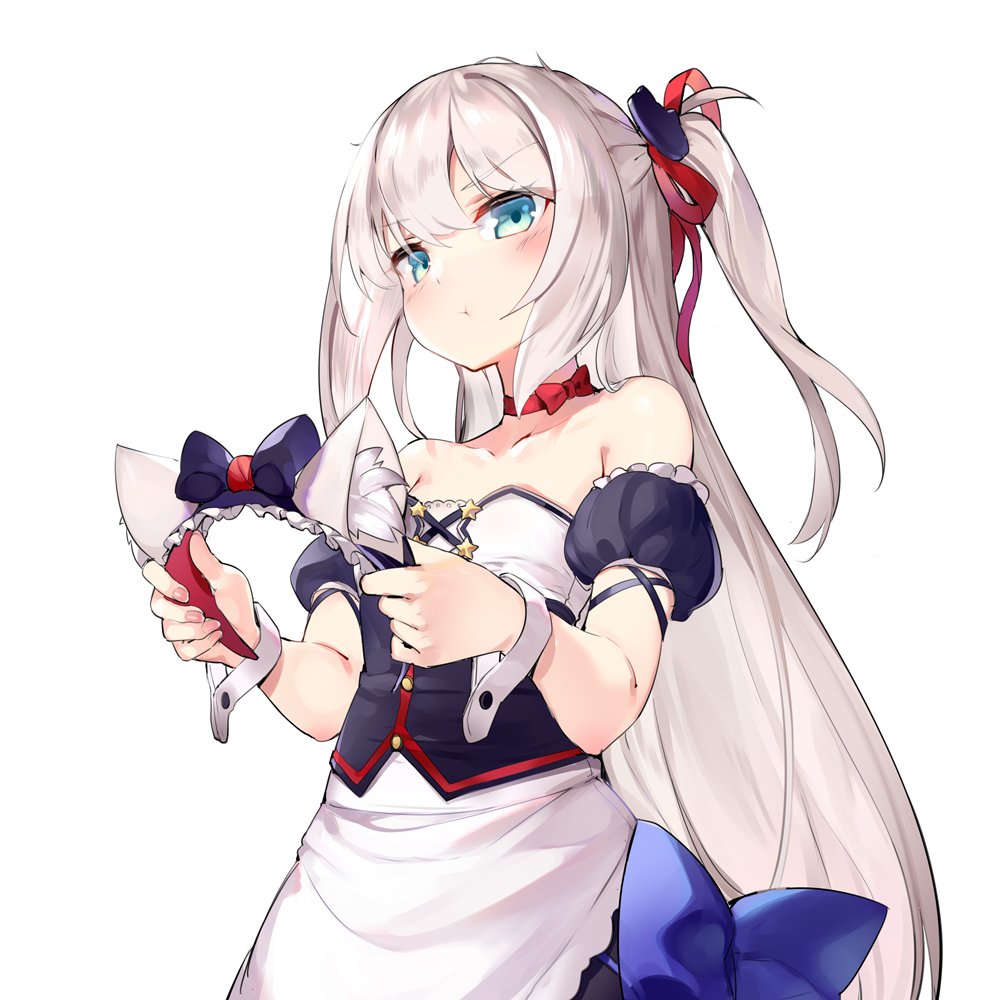 1girl :t animal_ear_fluff animal_ears apron azur_lane bangs black_bow black_dress black_hairband black_sleeves blue_bow blush bow breasts cat_ears cat_hair_ornament closed_mouth detached_sleeves dress eyebrows_visible_through_hair fake_animal_ears green_eyes hair_between_eyes hair_ornament hair_ribbon hairband hairband_removed hammann_(azur_lane) holding kaede_(003591163) long_hair one_side_up pout puffy_short_sleeves puffy_sleeves red_ribbon retrofit_(azur_lane) ribbon short_sleeves silver_hair simple_background small_breasts solo star strapless strapless_dress very_long_hair waist_apron white_apron white_background wrist_cuffs