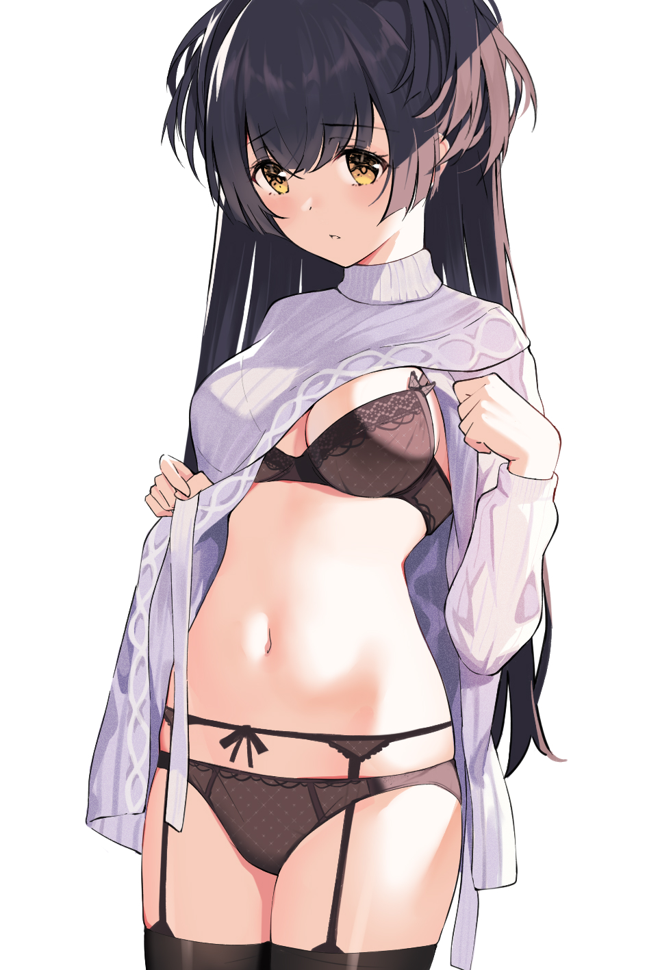 1girl black_bra black_hair black_legwear black_panties bra breasts brown_eyes cowboy_shot garter_belt gin00 highres idolmaster idolmaster_shiny_colors large_breasts long_hair long_sleeves looking_at_viewer mayuzumi_fuyuko navel panties parted_lips simple_background solo standing stomach sweater thigh-highs turtleneck turtleneck_sweater underwear white_background