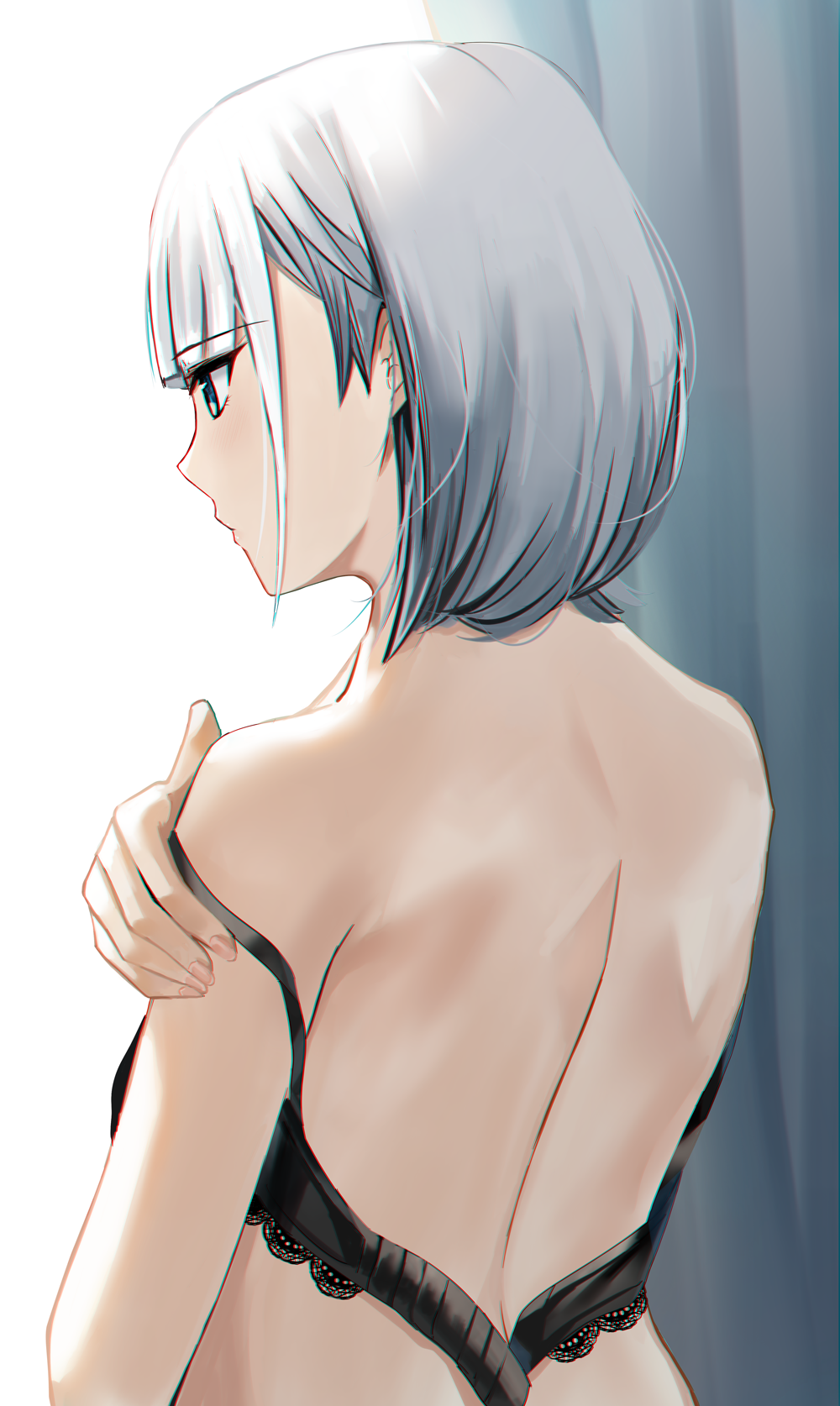 1girl back bangs bare_shoulders black_bra blunt_bangs bra curtains eyebrows_visible_through_hair highres nikek96 original short_hair silver_hair solo underwear undressing