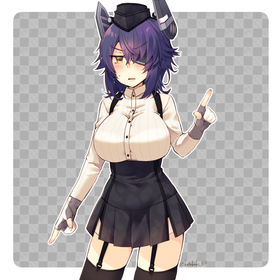 1girl alternate_costume atlanta_(kantai_collection) atlanta_(kantai_collection)_(cosplay) black_legwear black_skirt blush breasts brown_eyes collared_shirt commentary_request cosplay eyebrows_visible_through_hair eyepatch fingerless_gloves flower garter_straps gloves grey_gloves hair_flower hair_ornament index_finger_raised kantai_collection kotobuki_(momoko_factory) large_breasts long_sleeves looking_at_viewer messy_hair parted_lips purple_hair shirt short_hair skirt solo tenryuu_(kantai_collection) thighs white_shirt