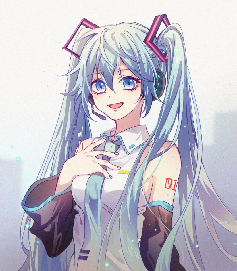 1girl :d aqua_hair aqua_neckwear arm_tattoo bangs bare_shoulders blue_eyes blue_nails breasts detached_sleeves eyebrows_visible_through_hair eyelashes grey_background hair_between_eyes hand_on_own_chest hand_up hatsuki hatsune_miku headset long_hair long_sleeves looking_at_viewer nail_polish necktie open_mouth shirt sidelocks sleeveless sleeveless_shirt small_breasts smile solo tattoo twintails upper_body vocaloid white_shirt wide_sleeves