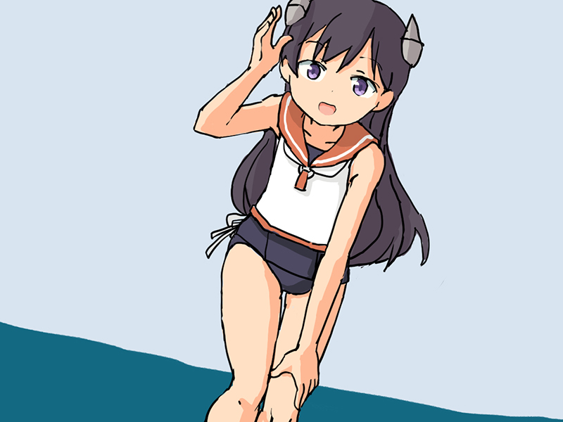 1girl adrian_ferrer black_hair black_swimsuit commentary cowboy_shot english_commentary grey_background headgear i-400_(kantai_collection) kantai_collection leaning_forward looking_at_viewer orange_sailor_collar sailor_collar sailor_shirt school_swimsuit shirt sleeveless sleeveless_shirt solo swimsuit swimsuit_under_clothes two-tone_background violet_eyes