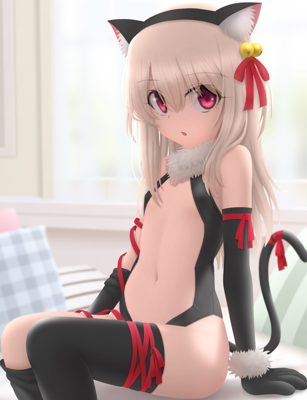 1girl animal_ears backlighting bangs bare_shoulders bell black_gloves black_legwear black_leotard breasts cat_ears cat_tail center_opening cushion fate/kaleid_liner_prisma_illya fate_(series) fur_collar gloves hair_between_eyes hair_ribbon highres illyasviel_von_einzbern jingle_bell leotard long_hair looking_at_viewer navel open_mouth paw_gloves paws red_eyes red_ribbon ribbon siraha sitting small_breasts solo tail thigh-highs thighs white_hair
