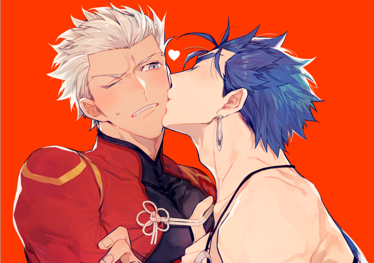 archer blue_hair blush cheek_kiss closed_eyes crossed_arms cu_chulainn_(fate)_(all) dark_skin dark_skinned_male earrings fate/grand_order fate/stay_night fate_(series) gae_bolg heart jewelry kiss lancer long_hair male_focus necklace ponytail red_background red_eyes shirtless tatsuta_age white_hair wince yaoi