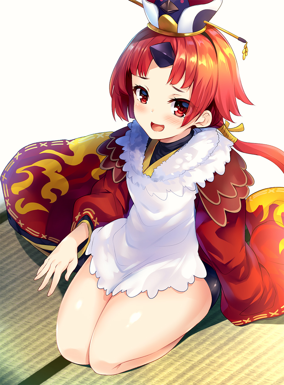 1girl apron bangs benienma_(fate/grand_order) blush brown_hair commentary_request eyebrows_visible_through_hair fate/grand_order fate_(series) hat highres hinata_sora japanese_clothes kimono kneeling long_hair long_sleeves looking_at_viewer low_ponytail open_mouth parted_bangs ponytail red_eyes redhead smile solo very_long_hair white_apron wide_sleeves