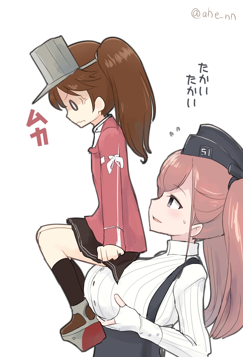 2girls ahenn anger_vein atlanta_(kantai_collection) black_legwear black_skirt blue_eyes breast_envy breasts brown_hair commentary_request flying_sweatdrops garrison_cap gloves hat high-waist_skirt japanese_clothes kantai_collection kariginu kneehighs large_breasts long_hair long_sleeves multiple_girls open_mouth partly_fingerless_gloves ryuujou_(kantai_collection) shirt simple_background skirt twintails twitter_username visor_cap wavy_mouth white_background white_shirt
