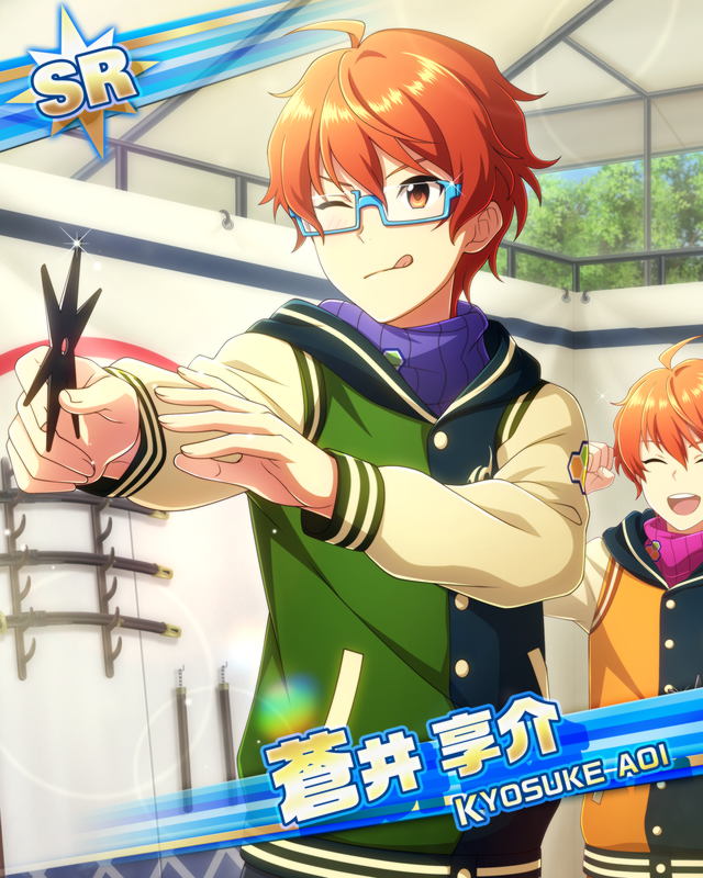 aoi_kyosuke character_name glasses idolmaster idolmaster_side-m jacket orange_eyes orange_hair short_hair smile wink