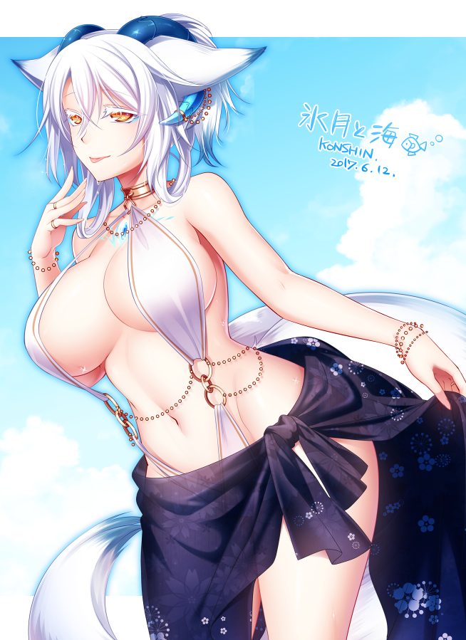 1girl :p animal_ears bangs breasts choker commentary_request crossed_bangs dated dutch_angle fox_ears fox_tail horns konshin large_breasts looking_at_viewer navel o-ring original sarong short_hair short_ponytail signature slingshot_swimsuit solo swimsuit tail tongue tongue_out white_hair white_swimsuit yellow_eyes