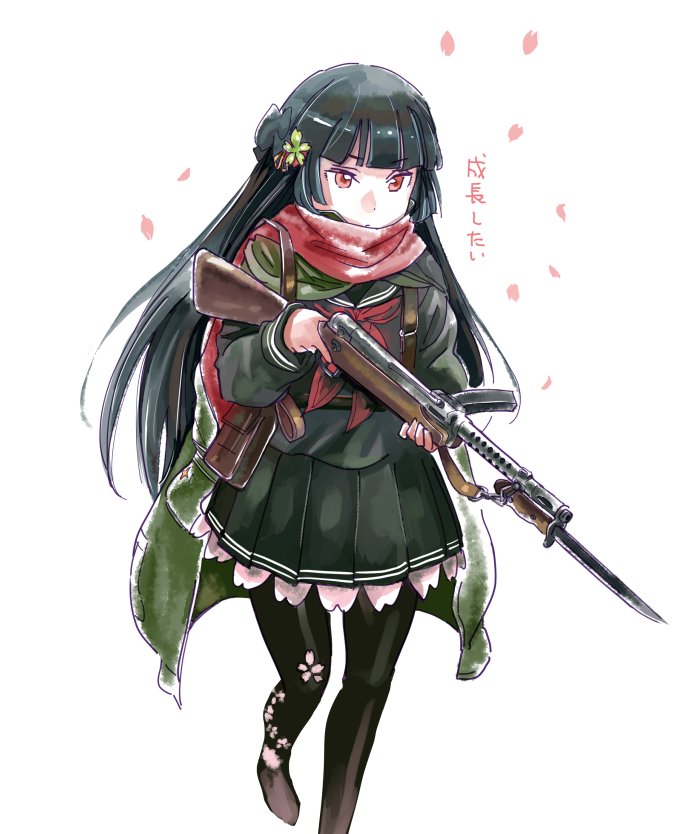 1girl aida_yuu bayonet black_hair black_legwear black_serafuku commentary_request floral_print girls_frontline gun jacket long_hair red_eyes scarf school_uniform serafuku solo submachine_gun thigh-highs translation_request trigger_discipline type_100_(girls_frontline) weapon