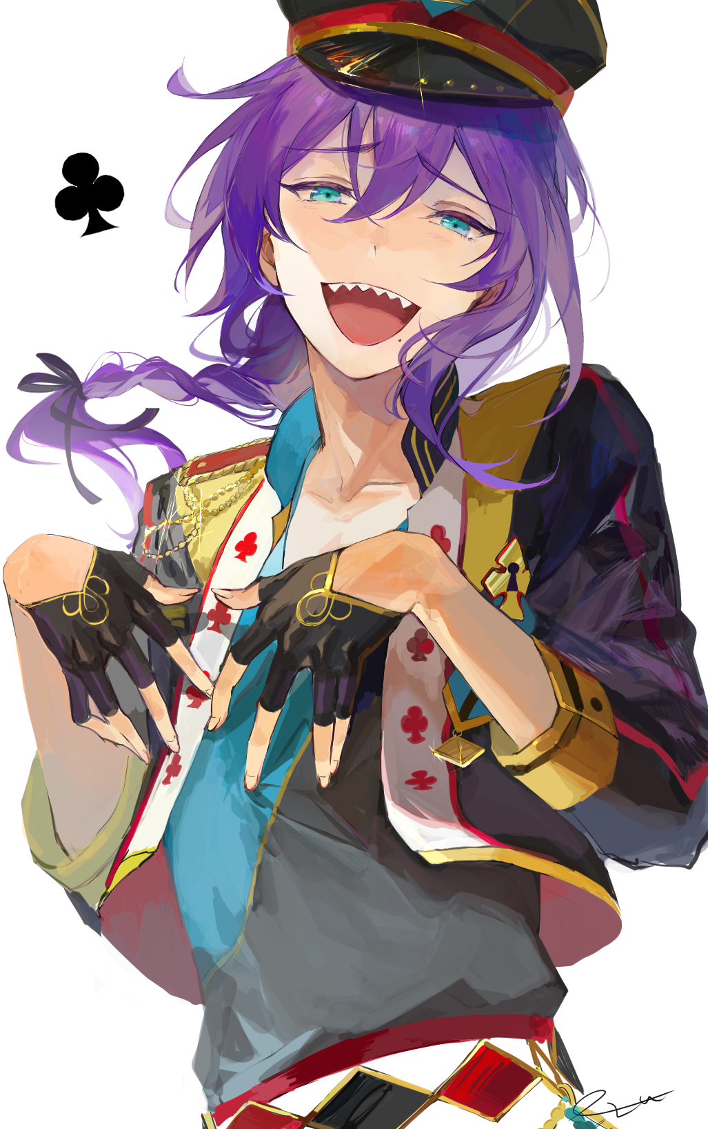 1boy ayase_mayoi blue_eyes braid ensemble_stars! ezu_(e104mjd) fingerless_gloves gloves hair_between_eyes highres long_hair looking_at_viewer mole mole_under_mouth open_mouth purple_hair sharp_teeth simple_background single_braid smile solo teeth white_background