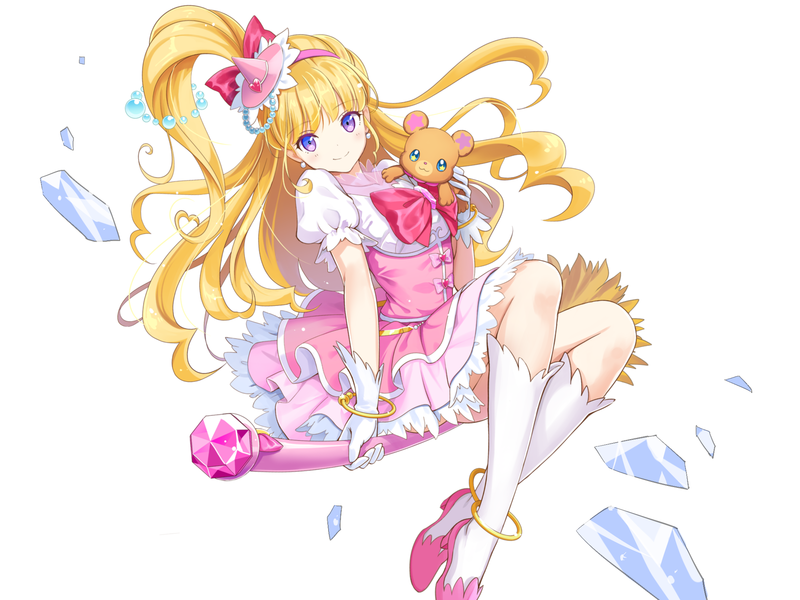 1girl anklet asahina_mirai blonde_hair bow bracelet brooch broom broom_riding camembert_chizuko closed_mouth cure_miracle dress full_body gloves hair_bow hairband half_updo hat jewelry kneehighs long_hair looking_at_viewer magical_girl mahou_girls_precure! mini_hat mini_witch_hat mofurun_(mahou_girls_precure!) pink_bow pink_dress pink_footwear pink_hairband pink_headwear ponytail precure red_bow shoes sidesaddle simple_background smile stuffed_animal stuffed_toy teddy_bear violet_eyes white_background white_gloves white_legwear witch_hat