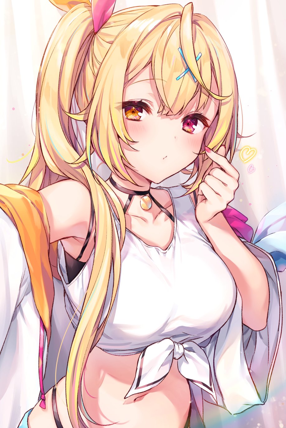 1girl ahoge armpits bare_shoulders blonde_hair breasts choker closed_mouth collarbone commentary_request crop_top finger_heart front-tie_top hair_ornament hair_ribbon hand_up heart heterochromia highleg highres hoshikawa_sara jacket komeshiro_kasu large_breasts long_hair looking_at_viewer midriff navel nijisanji off_shoulder open_clothes open_jacket orange_eyes ponytail red_eyes ribbon self_shot shirt side_ponytail sleeveless sleeveless_shirt solo stomach upper_body virtual_youtuber white_jacket white_shirt wide_sleeves x_hair_ornament