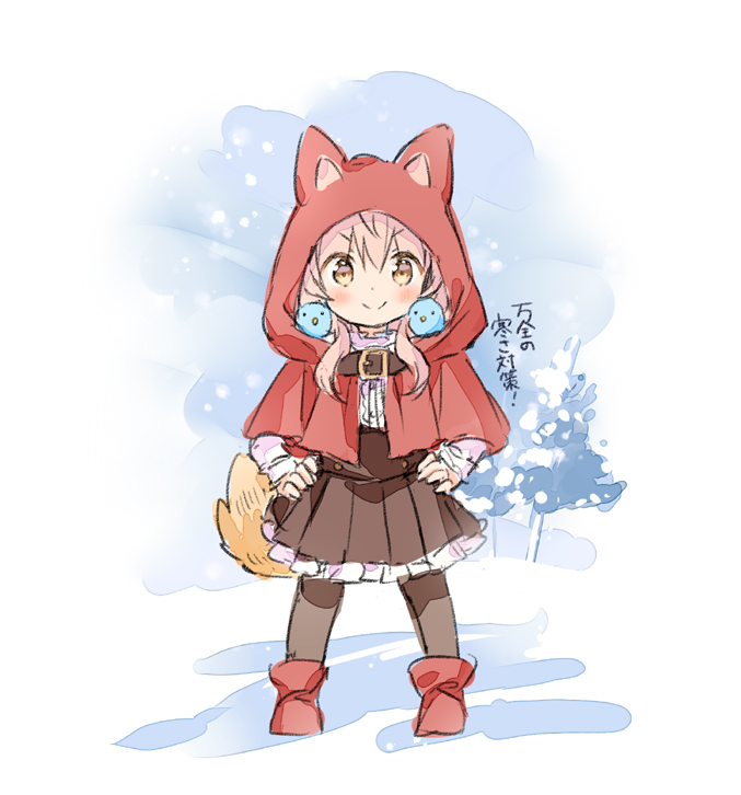 &gt;:) 1girl animal animal_ears animal_hood bird black_legwear blush boots bow brown_eyes brown_skirt capelet closed_mouth commentary_request fake_animal_ears frilled_skirt frills full_body hands_on_hips hood hood_up hooded_capelet long_hair original pantyhose pink_hair pleated_skirt red_bow red_capelet shirt skirt smile snow snowing solo standing tail translation_request tree v-shaped_eyebrows wataame27 white_shirt wolf-chan_(wataame27) wolf_ears wolf_girl wolf_hood wolf_tail