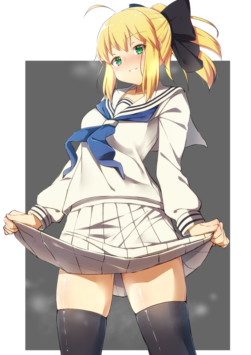 1girl ahoge alternate_costume artoria_pendragon_(all) black_bow black_legwear blonde_hair bow cowboy_shot fate/grand_order fate_(series) green_eyes hair_bow highres long_sleeves pleated_skirt ponytail saber_lily school_uniform serafuku shirt sidelocks skirt skirt_hold solo standing thigh-highs white_shirt white_skirt xah03172 zettai_ryouiki