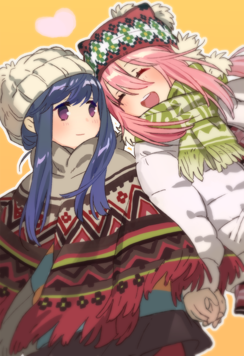 2girls ^_^ animal_hat bangs beanie beige_headwear blue_hair cat_hat closed_eyes closed_mouth down_jacket dutch_angle eyebrows_visible_through_hair facing_another floating_hair fringe_trim green_scarf hair_between_eyes happy hat heart holding_hands jacket kagamihara_nadeshiko light_smile long_hair long_sleeves looking_at_another multiple_girls open_clothes open_jacket open_mouth orange_background outline pink_hair plaid pom_pom_(clothes) poncho print_scarf round_teeth scarf shima_rin sidelocks simple_background smile striped striped_scarf swept_bangs tareme teeth tsumugi15 upper_teeth violet_eyes white_jacket white_outline winter_clothes yurucamp |d