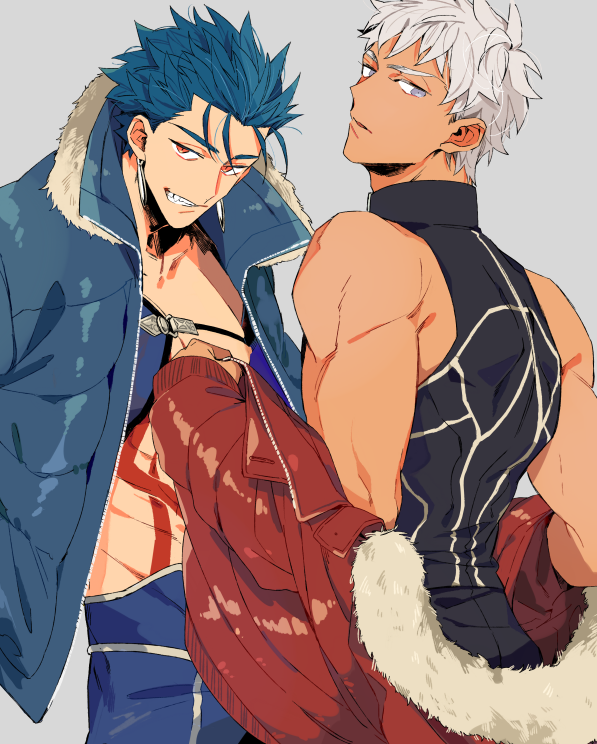 2boys archer bare_shoulders blue_hair blue_jacket cu_chulainn_(fate)_(all) dark_skin dark_skinned_male earrings fur-trimmed_jacket fur_trim grin jacket jewelry lancer male_focus multiple_boys nipples no_shirt off_shoulder red_eyes red_jacket shirtless smile tatsuta_age tattoo white_hair