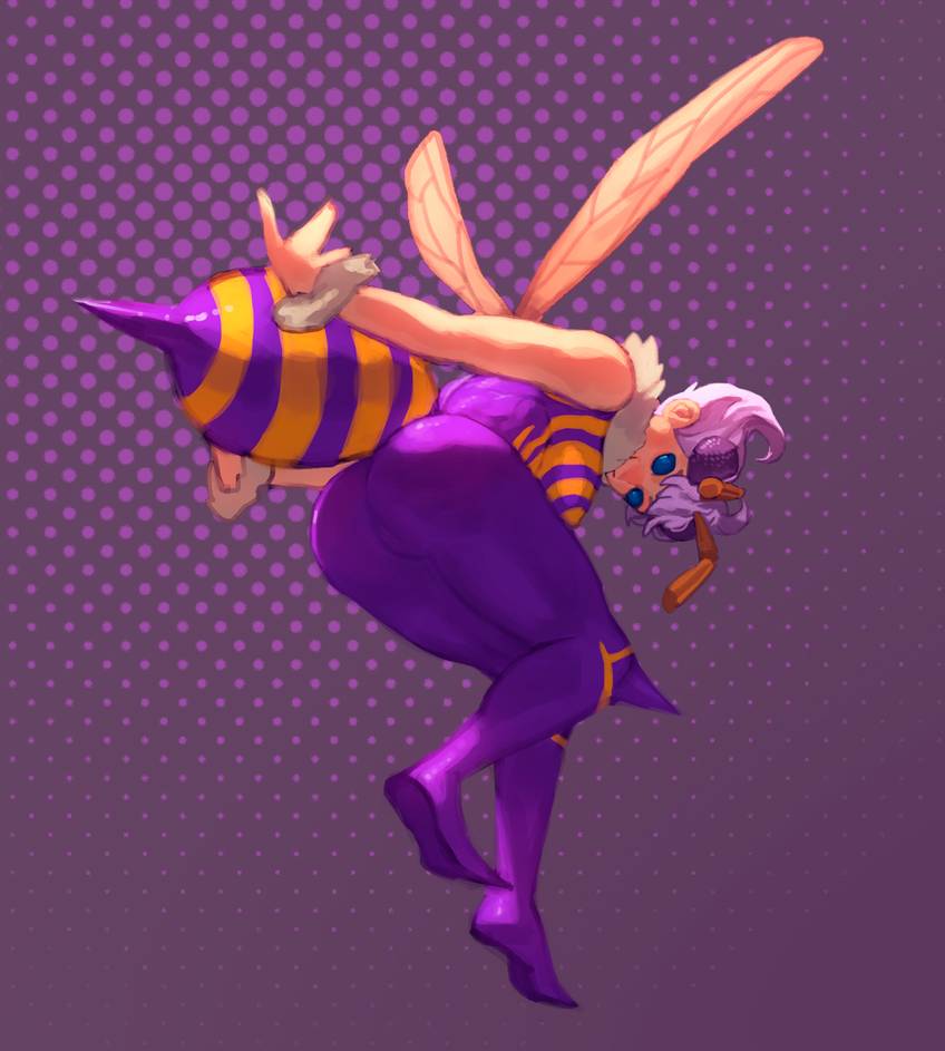 1girl antennae arthur_asa ass bee_girl bent_over blue_eyes breasts commentary compound_eyes english_commentary extra_eyes from_below full_body insect_girl insect_wings knee_pads lavender_hair pantyhose pointy_shoes purple_legwear q-bee shoes short_hair sleeveless solo spikes stinger vampire_(game) violet_eyes wings