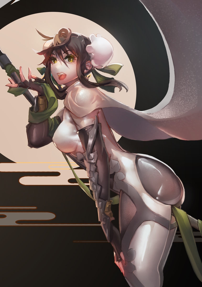 1girl ass between_breasts between_legs black_gloves black_hair bodysuit breasts bun_cover cape covered_nipples double_bun elbow_gloves fate/grand_order fate_(series) fingerless_gloves from_side gloves green_ribbon highres hiroshi_(hiroshixhiss) medium_breasts medium_hair open_mouth polearm qin_liangyu_(fate) ribbon sidelocks skin_tight solo vambraces weapon white_bodysuit white_cape yellow_eyes