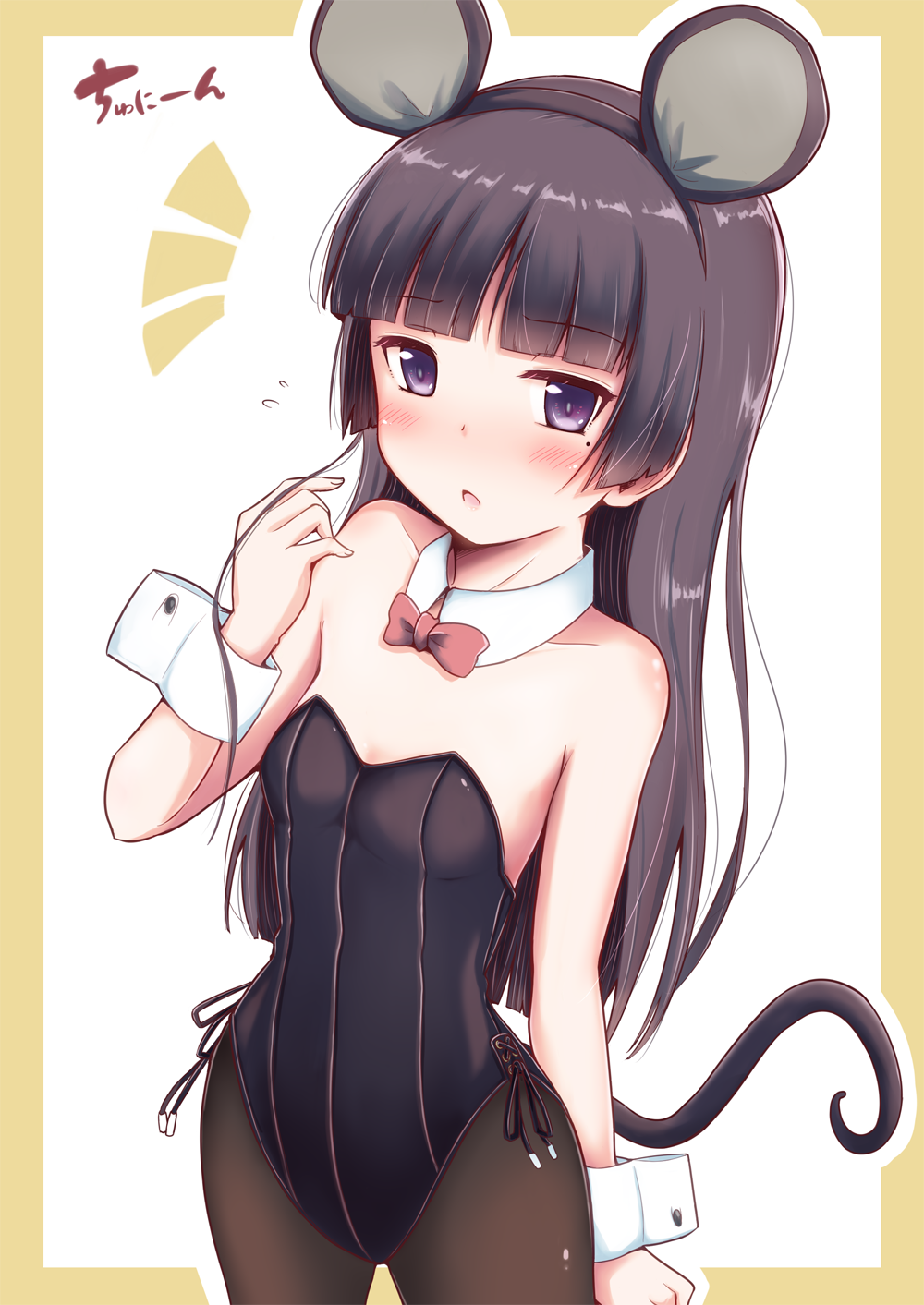 1girl animal_ears bangs beige_background black_hair black_hairband blunt_bangs blush bow bowtie breasts brown_legwear collar collarbone commentary_request detached_collar eyebrows_visible_through_hair fake_animal_ears flying_sweatdrops gokou_ruri hairband hand_up herunin highres leotard mole mole_under_eye mouse_ears mouse_girl mouse_tail ore_no_imouto_ga_konna_ni_kawaii_wake_ga_nai outline pantyhose parted_lips red_neckwear small_breasts solo strapless strapless_leotard tail two-tone_background violet_eyes white_background white_collar white_outline wing_collar wrist_cuffs