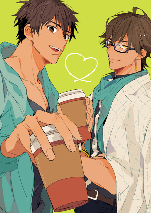 2boys arash_(fate) bespectacled black_hair brown_eyes brown_hair casual coffee_cup cup dark_skin dark_skinned_male disposable_cup earrings fate/prototype fate/prototype:_fragments_of_blue_and_silver fate_(series) glasses heart heart_of_string holding holding_cup hood hoodie jacket_on_shoulders jewelry multiple_boys ozymandias_(fate) tatsuta_age yellow_eyes