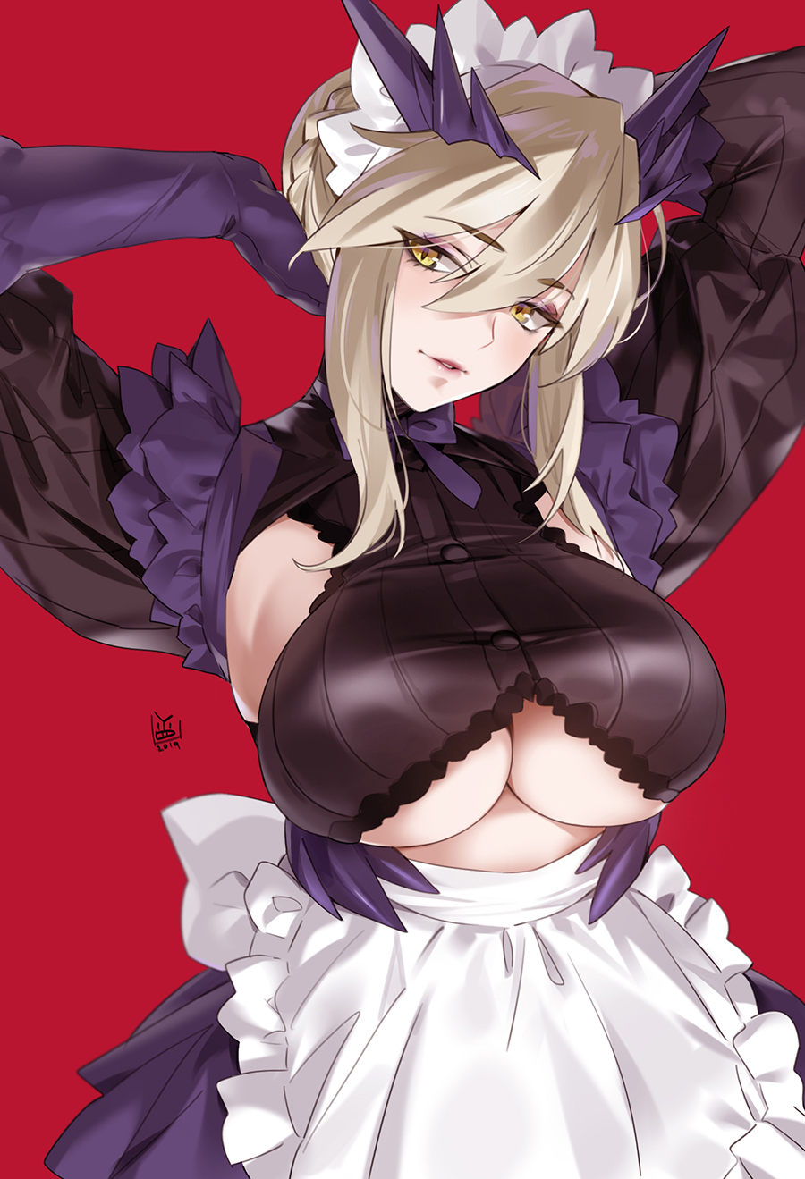1girl alternate_costume apron armpits arms_up artoria_pendragon_(all) artoria_pendragon_(lancer_alter) bangs black_dress black_gloves blonde_hair blush braid breasts dress enmaided fate/grand_order fate_(series) french_braid gloves hair_between_eyes highres horns large_breasts long_hair long_sleeves looking_at_viewer maid maid_headdress parted_lips puffy_sleeves red_background ribbed_dress sidelocks simple_background slit_pupils smile solo under_boob waist_apron white_apron yang-do yellow_eyes