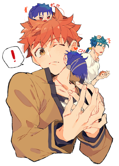 ! /\/\/\ 2boys blue_hair character_doll cheek_kiss cu_chulainn_(fate)_(all) cupping_hands emiya_shirou fate/hollow_ataraxia fate/stay_night fate_(series) kiss lancer male_focus multiple_boys orange_hair ponytail red_eyes school_uniform spoken_exclamation_mark tatsuta_age tsum-tsum wince yellow_eyes